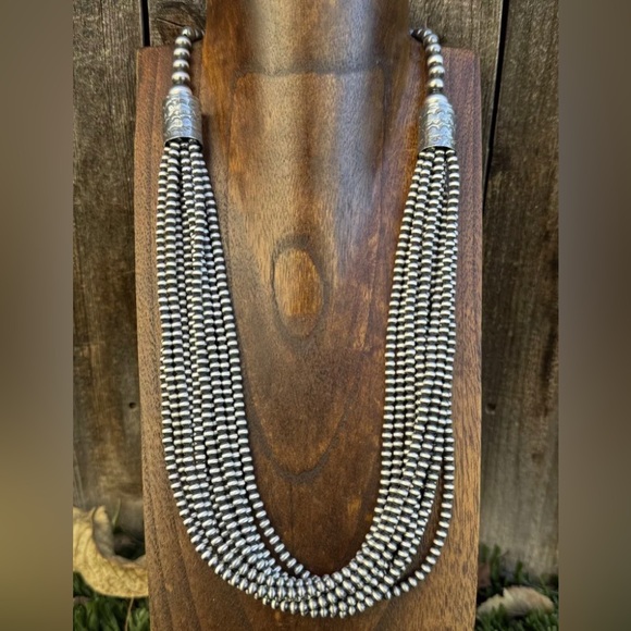 4mm Multi 10 Strand 925 Sterling Silver Oxidized Pearls Bead Necklace 24 Inch